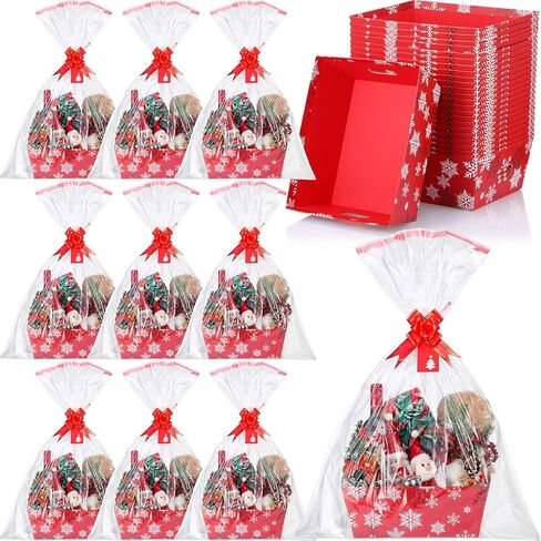 Cholemy 12 Set Large Christmas Gift Baskets Empty 10 x 12 Inch Red Snowflake Baskets for Gifts to Fill Christmas DIY Cardboard Basket with Handles to Fill for Wedding Party in Saudi Arabia