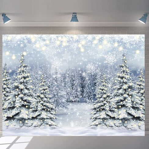 Winter Forest Photography Backdrop Glitter Snowy Pine Tree Scene Background Christmas Xmas Holiday Happy New Year Holiday Party Decoration Banner (7X5FT(82x59inch)) in Kuwait