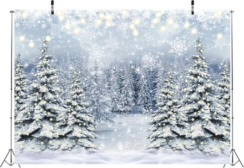 Winter Forest Photography Backdrop Glitter Snowy Pine Tree Scene Background Christmas Xmas Holiday Happy New Year Holiday Party Decoration Banner (7X5FT(82x59inch)) in Kuwait