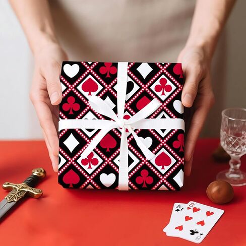 لفة ورق تغليف كازينو WRAPAHOLIC - لفة صغيرة - 17 بوصة × 16.5 قدم - ورق تغليف أوراق اللعب باللونين الأسود والأحمر لليالي الكازينو المحظوظة، وحفلة البوكر، ومحبي ألعاب الورق، وعيد الميلاد in Saudi Arabia