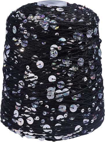FREEBLOSS 656 Yards Shimmering Sequin 100% Cotton Yarn Black Sequin Sparkling Thread Yarn for Crocheting, Knitting,Weaving 200g in Saudi Arabia