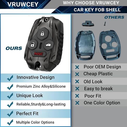 لا يتطلب القطع - حافظة غطاء مفتاح Fob مطورة لسيارة Honda Accord 2003-2012 / Civic EX 2006-2013 / Pilot 2009-2015 / CR-V 2005-2006 غطاء مفتاح ثقيل من سبائك الزنك (4 أزرار - أسود) in Kuwait