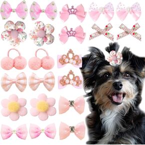22pc Pink Bow with Rubber Bands Bulk Handmade Dog Hair Grooming Bows Butterfly Flower Ball Bows Hair Top Knot for Yorkshire Terrier Dog Teddy Poodle Dog Hair Accessories in Saudi Arabia
