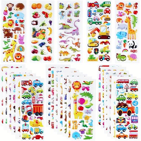 12 Sheets (250pcs+) 3D Puffy Variety Stickers with Featuring Animals, Numbers, Fruits, Fish, Dinosaurs, Cars & More for Classroom Reward, Craft Scrapbooking, Party Gift in Saudi Arabia