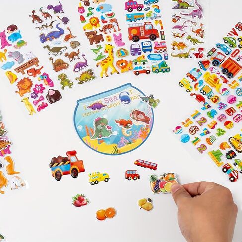 12 Sheets (250pcs+) 3D Puffy Variety Stickers with Featuring Animals, Numbers, Fruits, Fish, Dinosaurs, Cars & More for Classroom Reward, Craft Scrapbooking, Party Gift in Saudi Arabia