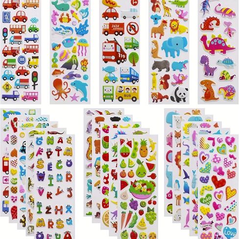 12 Sheets (250pcs+) 3D Puffy Variety Stickers with Featuring Animals, Numbers, Fruits, Fish, Dinosaurs, Cars & More for Classroom Reward, Craft Scrapbooking, Party Gift in Saudi Arabia