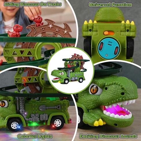 Dinosaur Toys for Kids,2 in 1 Dinosaur Truck Set wiht Nonstop Sliding Baby Dinos On Tracks,Auto Avoids Obstacles Toddlers Crawling Toys,Birthday Gifts with Music Lights for 3 4 5 Year Old Boys in Saudi Arabia