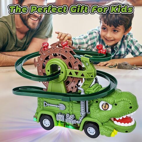 Dinosaur Toys for Kids,2 in 1 Dinosaur Truck Set wiht Nonstop Sliding Baby Dinos On Tracks,Auto Avoids Obstacles Toddlers Crawling Toys,Birthday Gifts with Music Lights for 3 4 5 Year Old Boys in Saudi Arabia