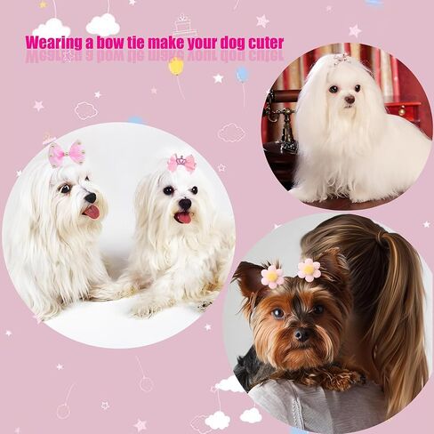 22pc Pink Bow with Rubber Bands Bulk Handmade Dog Hair Grooming Bows Butterfly Flower Ball Bows Hair Top Knot for Yorkshire Terrier Dog Teddy Poodle Dog Hair Accessories in Saudi Arabia