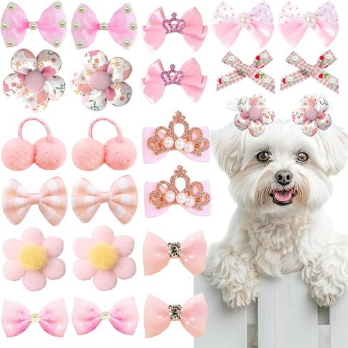 22pc Pink Bow with Rubber Bands Bulk Handmade Dog Hair Grooming Bows Butterfly Flower Ball Bows Hair Top Knot for Yorkshire Terrier Dog Teddy Poodle Dog Hair Accessories in Saudi Arabia
