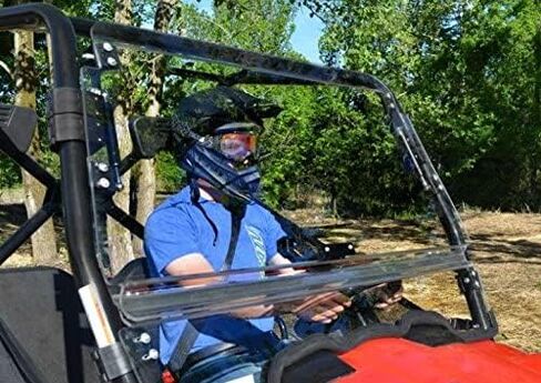 SuperATV Scratch Resistant Flip Up Windshield for 2015-2018 Kymco UXV 450i, Can be Closed, Vented, or Fully Open, Made of 1/4" Polycarbonate 250x Stronger than Glass, Hard Coated, USA Made in Saudi Arabia