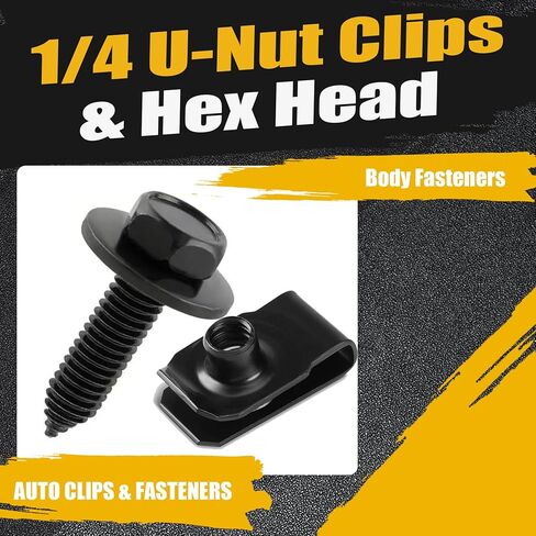 50PCS 1/4 Body Fasteners Universal Fender Liner Screw U Nut Kit & U-Nut Clips, Hex Head Automotive Body Fender Bolts Kit Replacement for Most Cars Engine Cover and Bumper Fender Liner (50) in Saudi Arabia