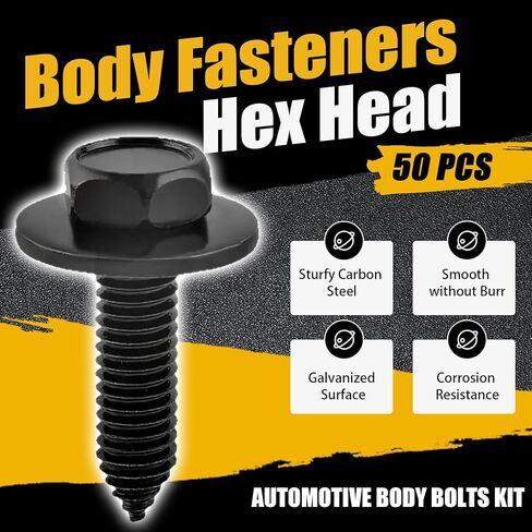 50PCS 1/4 Body Fasteners Universal Fender Liner Screw U Nut Kit & U-Nut Clips, Hex Head Automotive Body Fender Bolts Kit Replacement for Most Cars Engine Cover and Bumper Fender Liner (50) in Saudi Arabia