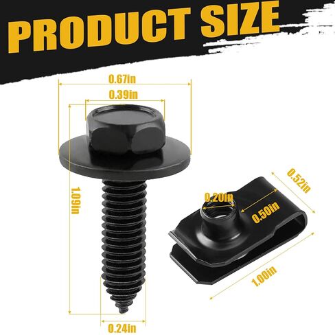 50PCS 1/4 Body Fasteners Universal Fender Liner Screw U Nut Kit & U-Nut Clips, Hex Head Automotive Body Fender Bolts Kit Replacement for Most Cars Engine Cover and Bumper Fender Liner (50) in Saudi Arabia