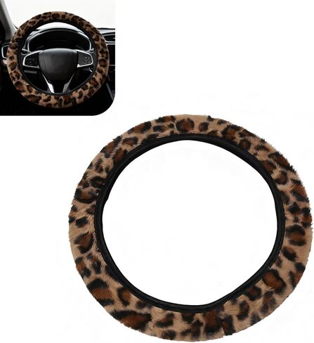 Fuzzy Steering Wheel Cover, Anti-Slip Sweat-Absorbing Elastic Cover Without Inner Ring, Stylish Leopard Texture Interior Decoration for Men Women, for 14.96" Wteering Wheel Vehicles (Brown) in Kuwait