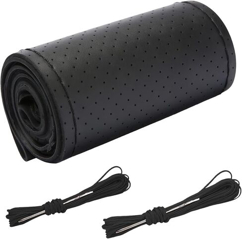 Leather Steering Wheel Cover Lace Up, Stitch On Wrap, DIY Sew-on Breathable Perforated Custom Steering Wheel Wrap, Comfortable Grip for Car Truck SUV Pickup Boat Needle Thread Kit (Black) in Saudi Arabia