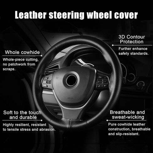 Leather Steering Wheel Cover Lace Up, Stitch On Wrap, DIY Sew-on Breathable Perforated Custom Steering Wheel Wrap, Comfortable Grip for Car Truck SUV Pickup Boat Needle Thread Kit (Black) in Saudi Arabia