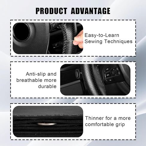 Leather Steering Wheel Cover Lace Up, Stitch On Wrap, DIY Sew-on Breathable Perforated Custom Steering Wheel Wrap, Comfortable Grip for Car Truck SUV Pickup Boat Needle Thread Kit (Black) in Saudi Arabia