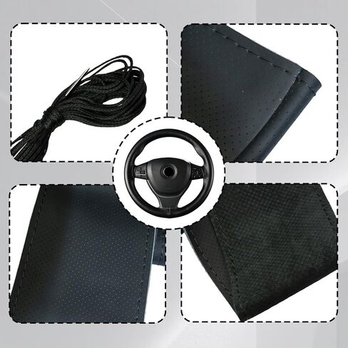 Leather Steering Wheel Cover Lace Up, Stitch On Wrap, DIY Sew-on Breathable Perforated Custom Steering Wheel Wrap, Comfortable Grip for Car Truck SUV Pickup Boat Needle Thread Kit (Black) in Saudi Arabia