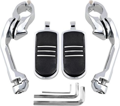 Chrome Motorcycle Universal 32mm Highway Engine Guard Long Angled Mount Footpegs Compatible with Harley Yamaha 1 1/4" Crash Bar, Long Clamps-3 slot rubber in Saudi Arabia