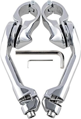 Chrome Motorcycle Universal 32mm Highway Engine Guard Long Angled Mount Footpegs Compatible with Harley Yamaha 1 1/4" Crash Bar, Long Clamps-3 slot rubber in Saudi Arabia