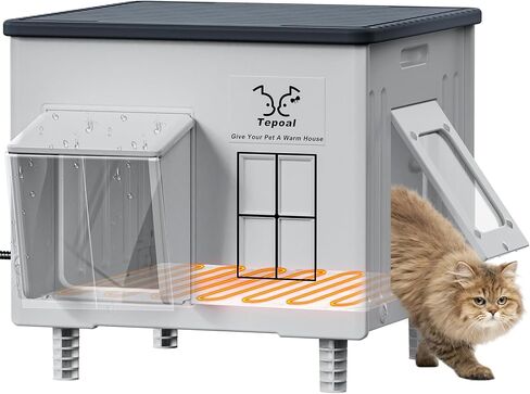 Indestructible Heated Cat House for Outdoor Cats in Winter, 100% Waterproof & Weatherproof Heated Cat House for Outside, Fully Insulated Feral Cat Shelter for Outdoor Barn Strays, 16 x 12 x 13 in in Kuwait