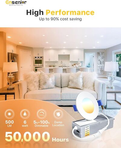 12 حزمة من مصابيح LED رفيعة للغاية مقاس 6 بوصات من Ensenior مع صندوق توصيل، 2700K/3000K/3500K/4000K/5000K قابلة للتحديد، 12W 110W Eqv، قابلة للتعتيم، سطوع عالٍ 1050LM - معتمدة من ETL وEnergy Star in Kuwait