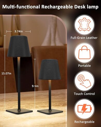 2 Pack Rechargeable Table Lamp, Portable 6000mAh Cordless Battery Desk Lamp for Dining, Wireless Light with Leather Shade for Restaurant, Party, Camping Indoor/Outdoor (Black) in Saudi Arabia