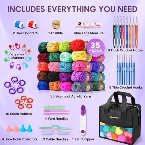 Crochet Kit, 1600 Yarns 35 Colors Acrylic Yarn Skeins, 53 PCS Crochet Hook Accessories and A Storage Bag, Yarn for Crocheting Suitable for Knitting, Knitting Kit Gift for Adult and Beginner, Black in Saudi Arabia