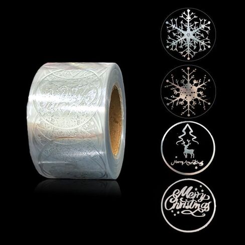 Christmas Clear Label Stickers, 500Pcs Sliver Foil Christmas Gift Tags Stickers Self Adhesive Roll Sticker Xmas Snowflake Tree Winter Holiday Envelop Seal Business Sticker for Dessert Cards Gift Decor in Saudi Arabia