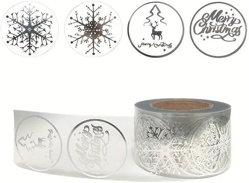 Christmas Clear Label Stickers, 500Pcs Sliver Foil Christmas Gift Tags Stickers Self Adhesive Roll Sticker Xmas Snowflake Tree Winter Holiday Envelop Seal Business Sticker for Dessert Cards Gift Decor in Saudi Arabia