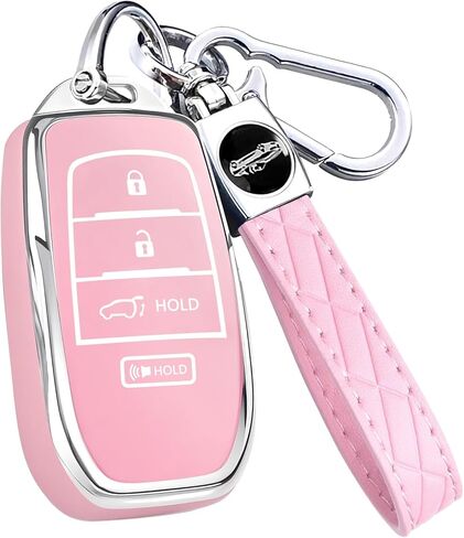 غطاء Key Fob لسيارة Toyota - حافظة حماية كاملة من مادة TPU الناعمة الممتازة مع سلسلة مفاتيح، تناسب Grand Highlander Corolla Camry Tundra Prius Sequoia Venza Tacoma 4Runner Rav4 Land Cruiser، وردي 4 أزرار in Kuwait