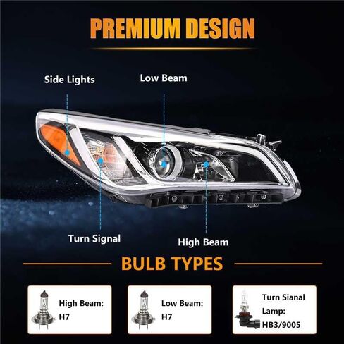 مجموعة المصابيح الأمامية لعام 2015 2016 2017 Hyundai Sonata، مصباح أمامي هالوجين جانبي للراكب والسائق مع عدسة شفافة عاكس كهرماني أسود (جميع المصابيح متضمنة)، 1 بيار، 92102-C2000 HY2503183 in Kuwait