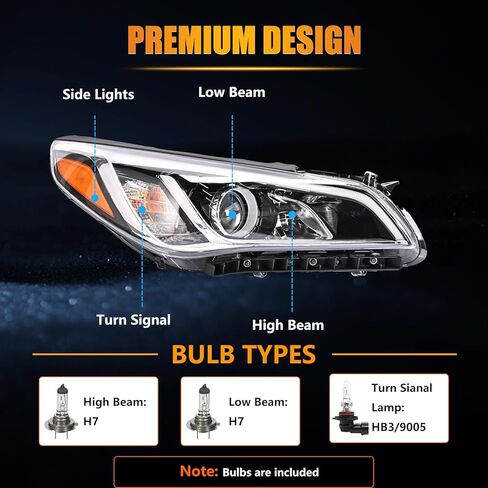 مجموعة المصابيح الأمامية لعام 2015 2016 2017 Hyundai Sonata، مصباح أمامي هالوجين جانبي للراكب والسائق مع عدسة شفافة عاكس كهرماني أسود (جميع المصابيح متضمنة)، 1 بيار، 92102-C2000 HY2503183 in Kuwait