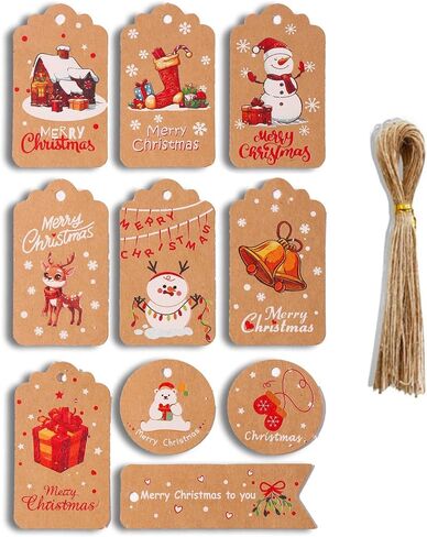 ‌Merry Christmas Gift Tags with String - 50Pcs Holiday Name for Gifts, Bulk Xmas Labels with Rope, Happy Holiday for Presents, Modern Paper Christmas - Red in Saudi Arabia