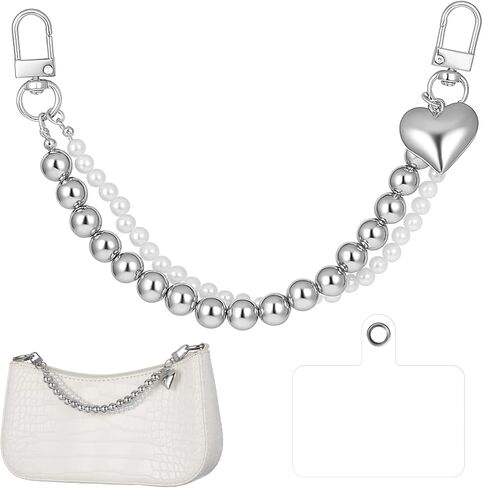 Womens Bag Chain Charm for Handbags Silver Chains for Purse Chains for Handbags with Heart Pendant Pearl Purse Chain Replacement Charms for Women in Saudi Arabia