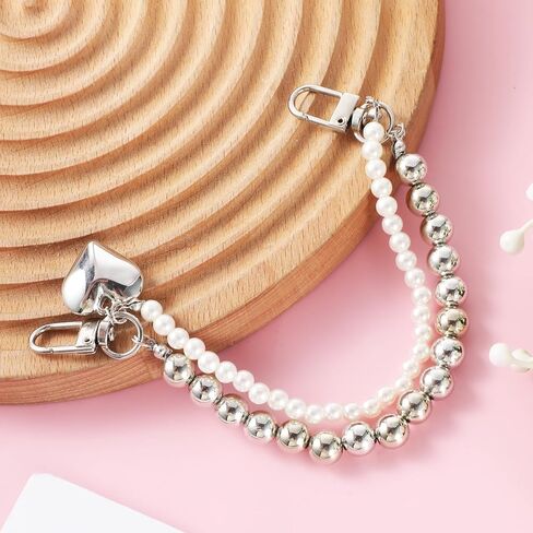 Womens Bag Chain Charm for Handbags Silver Chains for Purse Chains for Handbags with Heart Pendant Pearl Purse Chain Replacement Charms for Women in Saudi Arabia