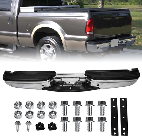 F250 F350 Rear Bumper Rear Step Bumper for Ford F250 F350 Super Duty 1999 2000 2001 2002 2003 2004 2005 2006 2007 with Sensor Hole Chrome Complete Back Bumpers Replacement for FO1103173 in Saudi Arabia