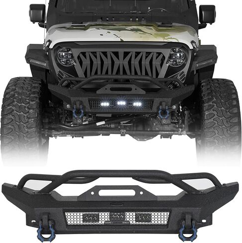 المصد الأمامي من Hooke Road Stubby لـ 2018-2025 Jeep Wrangler JL & Gladiator JT 2/4 أبواب، مصد فولاذي للطرق الوعرة مع لوحة ونش، وأضواء ساطعة، وحلقات على شكل حرف D وواقي شبكي أنبوبي in Saudi Arabia