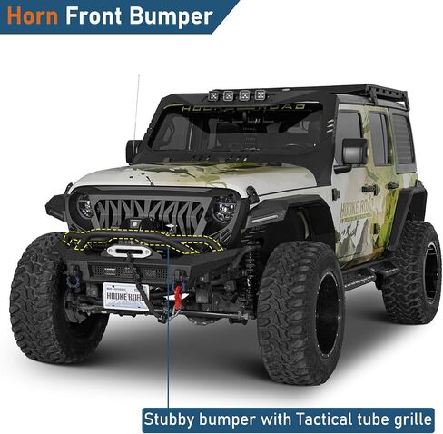 المصد الأمامي من Hooke Road Stubby لـ 2018-2025 Jeep Wrangler JL & Gladiator JT 2/4 أبواب، مصد فولاذي للطرق الوعرة مع لوحة ونش، وأضواء ساطعة، وحلقات على شكل حرف D وواقي شبكي أنبوبي in Saudi Arabia