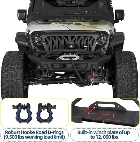 المصد الأمامي من Hooke Road Stubby لـ 2018-2025 Jeep Wrangler JL & Gladiator JT 2/4 أبواب، مصد فولاذي للطرق الوعرة مع لوحة ونش، وأضواء ساطعة، وحلقات على شكل حرف D وواقي شبكي أنبوبي in Saudi Arabia