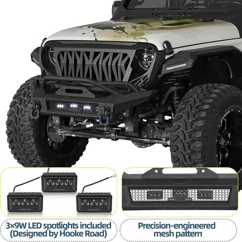 المصد الأمامي من Hooke Road Stubby لـ 2018-2025 Jeep Wrangler JL & Gladiator JT 2/4 أبواب، مصد فولاذي للطرق الوعرة مع لوحة ونش، وأضواء ساطعة، وحلقات على شكل حرف D وواقي شبكي أنبوبي in Saudi Arabia