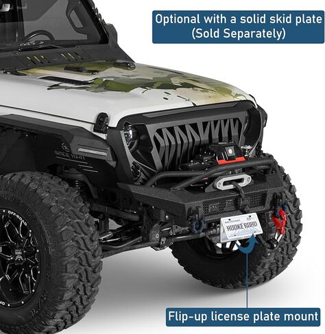 المصد الأمامي من Hooke Road Stubby لـ 2018-2025 Jeep Wrangler JL & Gladiator JT 2/4 أبواب، مصد فولاذي للطرق الوعرة مع لوحة ونش، وأضواء ساطعة، وحلقات على شكل حرف D وواقي شبكي أنبوبي in Saudi Arabia