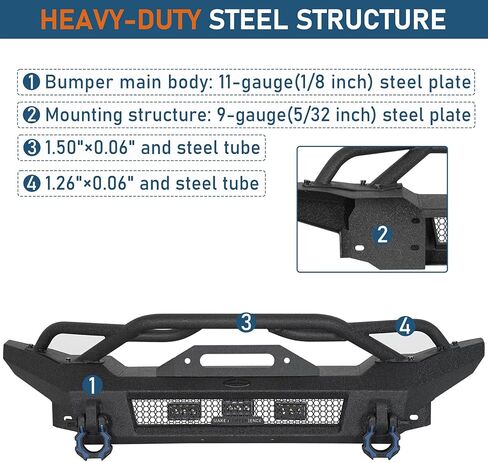 المصد الأمامي من Hooke Road Stubby لـ 2018-2025 Jeep Wrangler JL & Gladiator JT 2/4 أبواب، مصد فولاذي للطرق الوعرة مع لوحة ونش، وأضواء ساطعة، وحلقات على شكل حرف D وواقي شبكي أنبوبي in Saudi Arabia