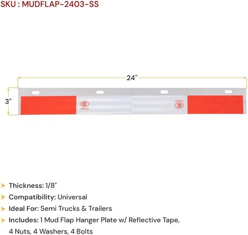 Mytee Products Semi Truck Mud Flap & Hanger Kit – 2PK 24"x30" Black Striped Rubber Mud Flaps and 2PK 24"x3" Heavy-Duty Aluminum Hanger Plates with Red & White Reflective Tape in Saudi Arabia