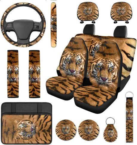 14 Pcs Tiger Print Car Seat Cover Set Auto Steering Wheel Cover Armrest Cushion Head Rest Protector Seat Belt Covers,Animal Print Yellow Automotive Interior Sets Unverisal Fit Cars SUV Turcks in Saudi Arabia