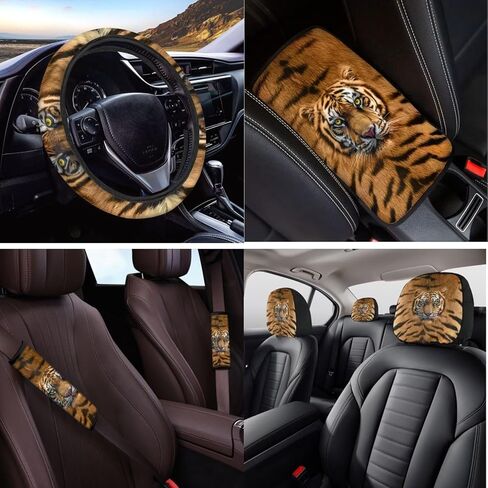 14 Pcs Tiger Print Car Seat Cover Set Auto Steering Wheel Cover Armrest Cushion Head Rest Protector Seat Belt Covers,Animal Print Yellow Automotive Interior Sets Unverisal Fit Cars SUV Turcks in Saudi Arabia