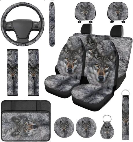 14 Pcs Tiger Print Car Seat Cover Set Auto Steering Wheel Cover Armrest Cushion Head Rest Protector Seat Belt Covers,Animal Print Yellow Automotive Interior Sets Unverisal Fit Cars SUV Turcks in Saudi Arabia
