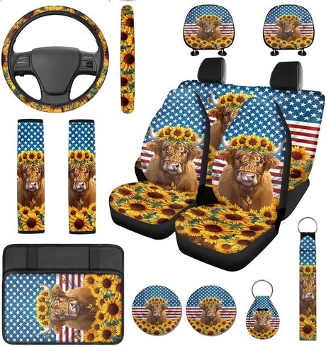 14 Pcs Tiger Print Car Seat Cover Set Auto Steering Wheel Cover Armrest Cushion Head Rest Protector Seat Belt Covers,Animal Print Yellow Automotive Interior Sets Unverisal Fit Cars SUV Turcks in Saudi Arabia