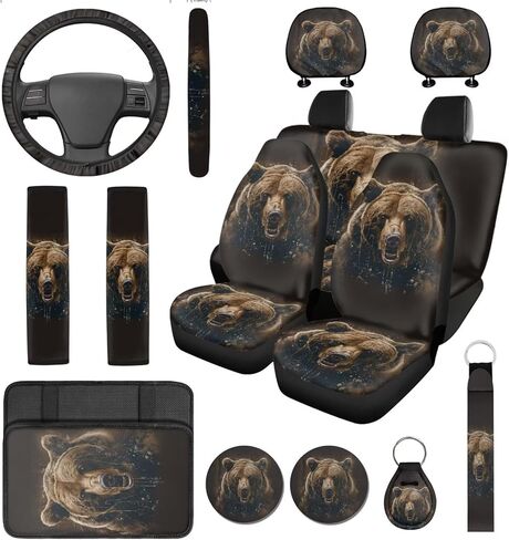 14 Pcs Tiger Print Car Seat Cover Set Auto Steering Wheel Cover Armrest Cushion Head Rest Protector Seat Belt Covers,Animal Print Yellow Automotive Interior Sets Unverisal Fit Cars SUV Turcks in Saudi Arabia